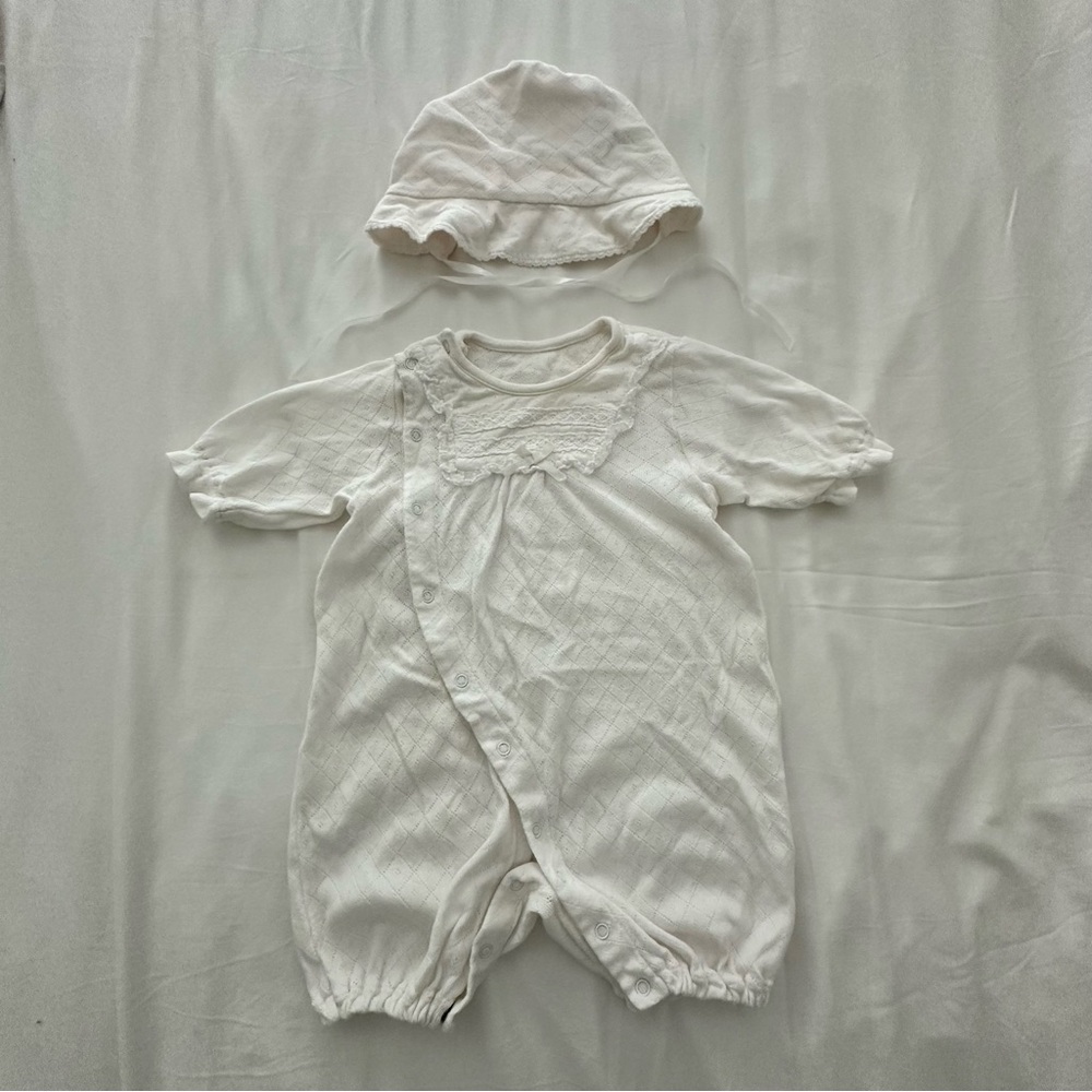 Japanese White Cotton Baby Romper With Hat 0-6M /50-70cm